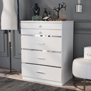 Left-angled high gloss white jewelry chest in a glam bedroom.