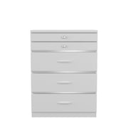 Front-facing high gloss white jewelry chest against a white background. Chrome trim divides the drawers.