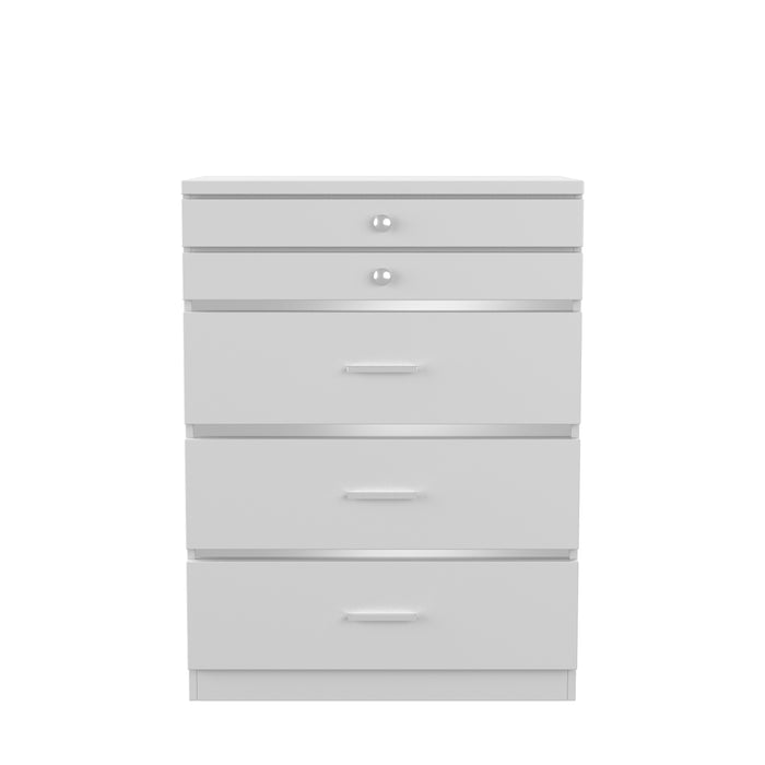 Front-facing high gloss white jewelry chest against a white background. Chrome trim divides the drawers.