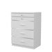 Left-angled high gloss white jewelry chest against a white background. Chrome trim divides the drawers.