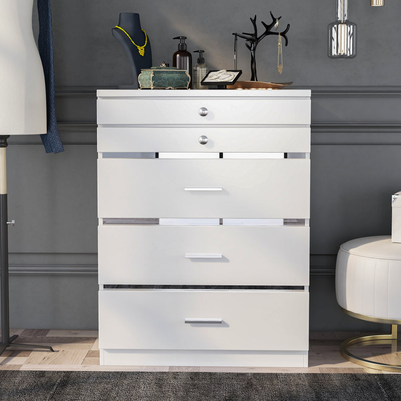 Front-facing high gloss white jewelry chest in a glam bedroom.
