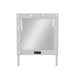 Front-facing white, LED bulbed, mirror against a white background. Two power outlets and USB ports are built-in to the base of the frame.