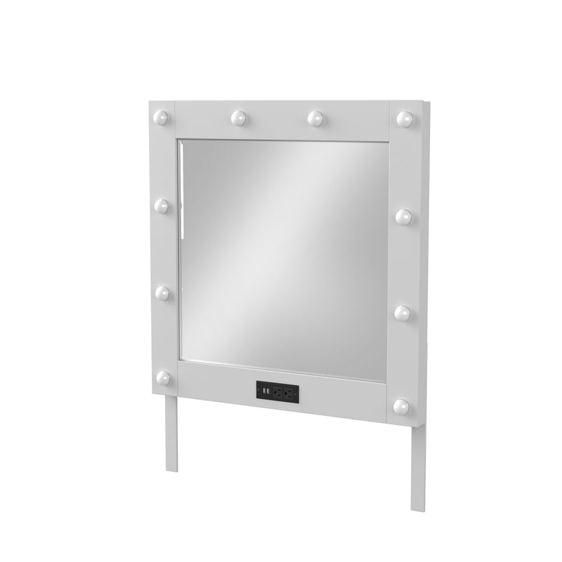 Left-angled white, LED bulbed, mirror against a white background. Two power outlets and USB ports are built-in to the base of the frame.