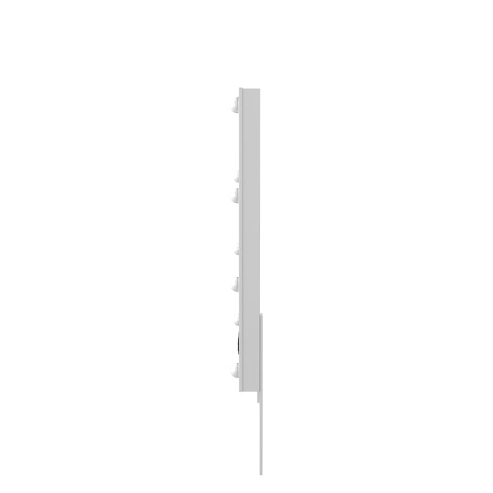 Side profile of a white, LED bulbed, mirror against a white background.