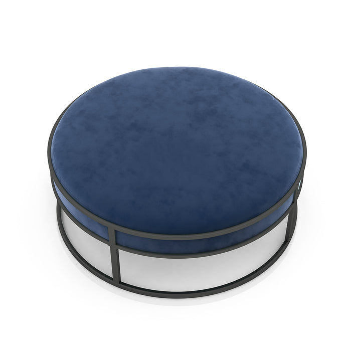 Front-facing top view contemporary navy and black round ottoman on a white background