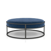 Front-facing contemporary navy and black round ottoman on a white background