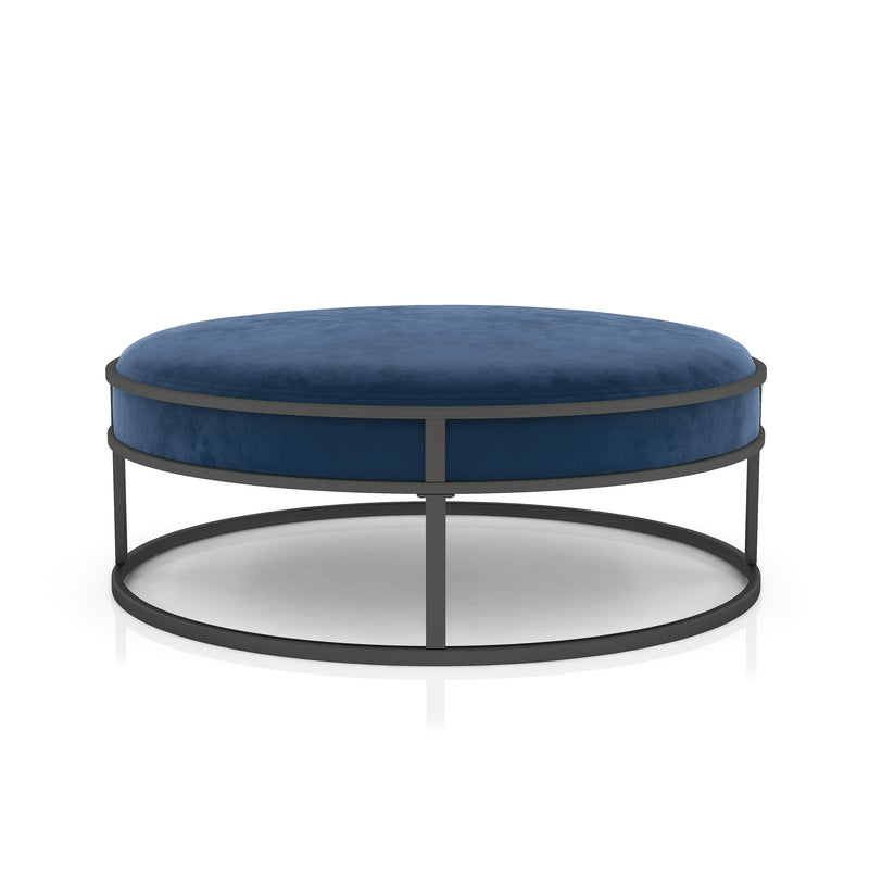 Front-facing contemporary navy and black round ottoman on a white background