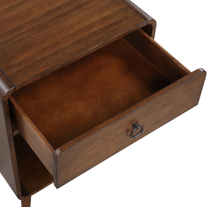 Right angled top-down mid-century modern dark oak side table detail of open drawer with drop ring pull and rounded edges on a white background.