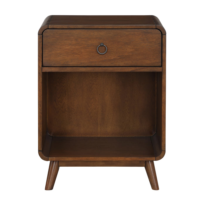 Front-facing mid-century modern dark oak side table with single drawer and open bottom cabinet space on a white background.