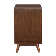 Side-facing mid-century modern dark oak side table with rounded edges and flared tapered feet on a white background.