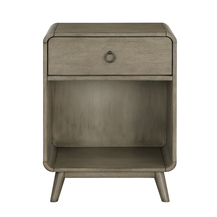 Front facing mid-century modern one-drawer gray wood side table on a white background