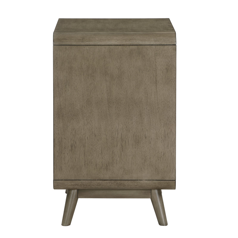Front facing side view of a mid-century modern one-drawer gray wood side table on a white background