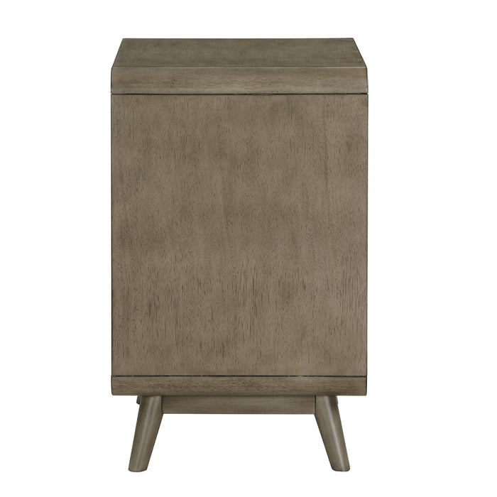 Front facing side view of a mid-century modern one-drawer gray wood side table on a white background