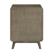 Front facing back view of a mid-century modern one-drawer gray wood side table on a white background