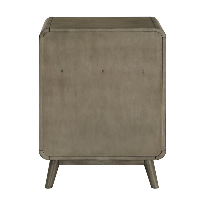 Front facing back view of a mid-century modern one-drawer gray wood side table on a white background