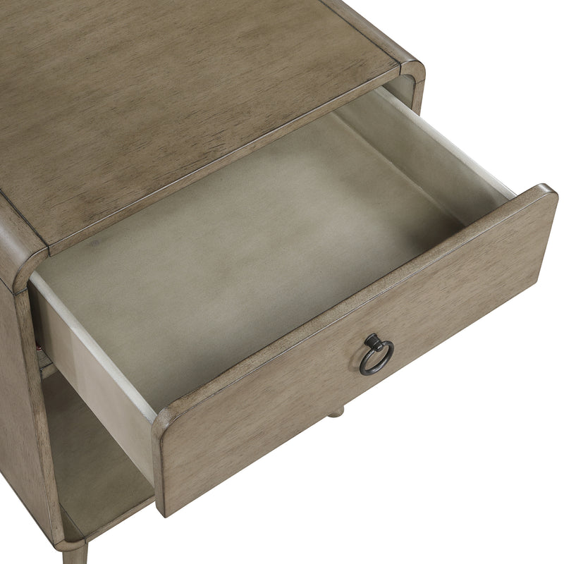 Right angled close up top drawer detail of a mid-century modern one-drawer gray wood side table on a white background