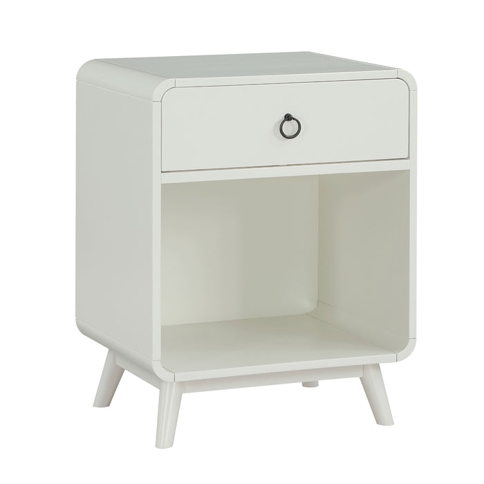 Right angled mid-century modern one-drawer white side table on a white background
