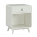 Right angled mid-century modern one-drawer white side table on a white background