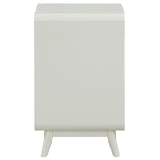 Front facing side view of a mid-century modern one-drawer white side table on a white background
