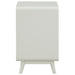 Front facing side view of a mid-century modern one-drawer white side table on a white background