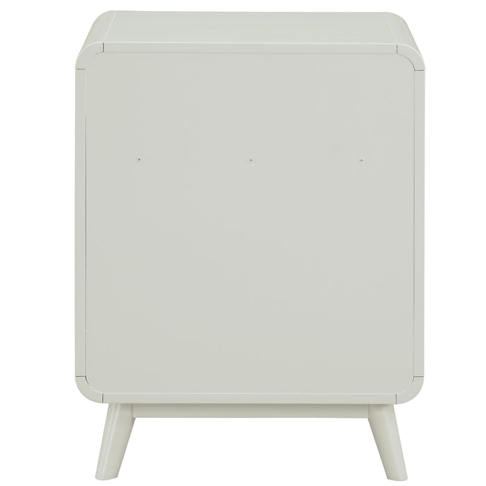 Front facing back view of a mid-century modern one-drawer white side table on a white background