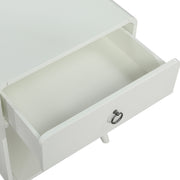 Right angled close up top drawer detail of a mid-century modern one-drawer white side table on a white background