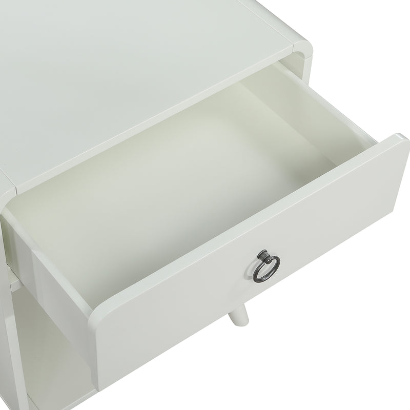 Right angled close up top drawer detail of a mid-century modern one-drawer white side table on a white background