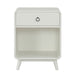 Front facing mid-century modern one-drawer white side table on a white background