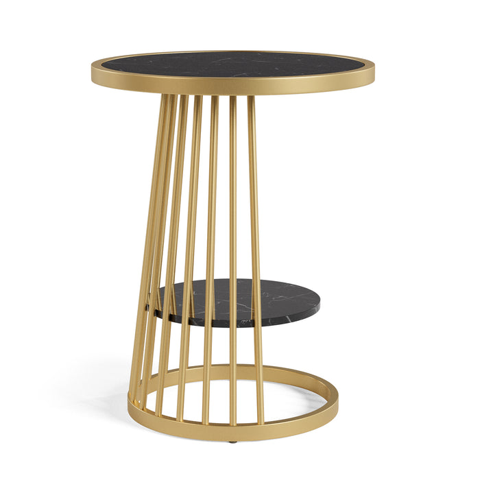 Right side-facing modern glam round side table with slim gold steel frame and glossy black tabletop and open lower shelf on a white background.