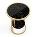 Right angled top-down modern glam round side table with slim gold steel frame and glossy black tabletop and open lower shelf on a white background.