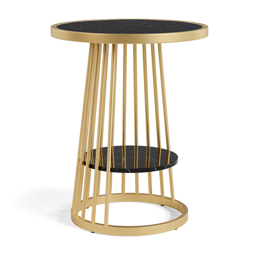 Right angled modern glam round side table with slim gold steel frame and glossy black tabletop and open lower shelf on a white background.