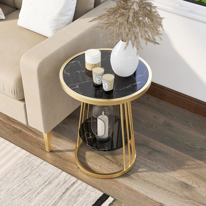 Left angled top-down modern glam round side table with slim gold steel frame and glossy black tabletop and open lower shelf decorated in living room.
