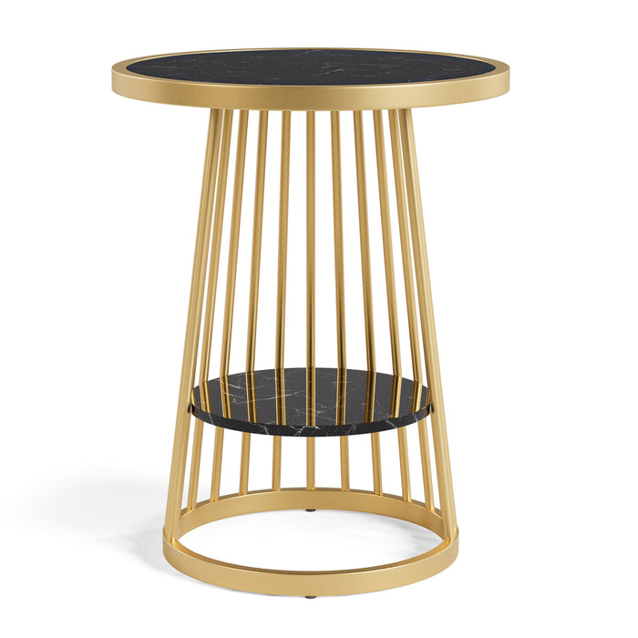 Front-facing modern glam round side table with slim gold steel frame and glossy black tabletop and open lower shelf on a white background.