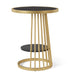 Left side-facing modern glam round side table with slim gold steel frame and glossy black tabletop and open lower shelf on a white background.