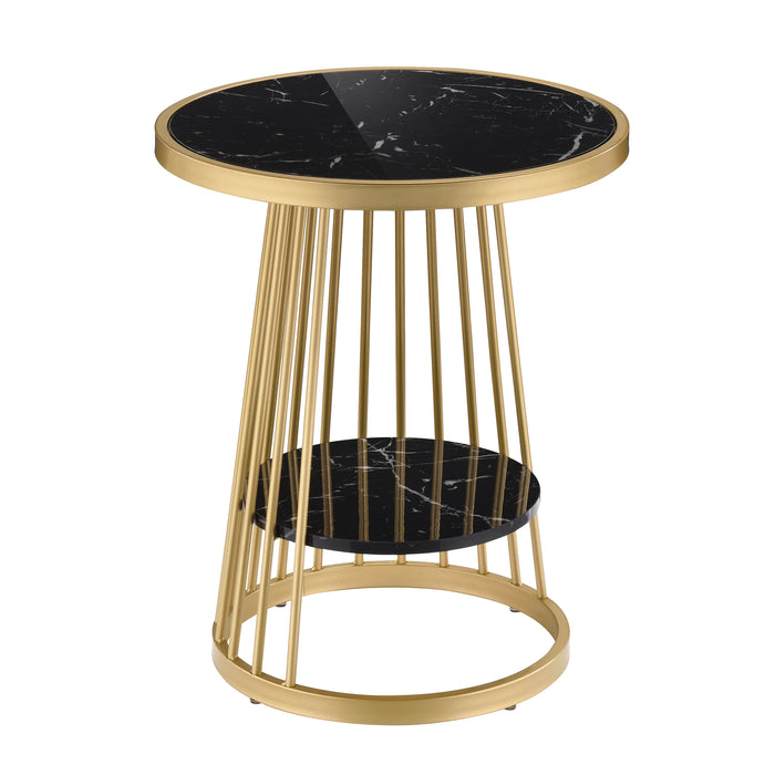 Right angled modern glam round side table with slim gold steel frame and glossy black tabletop and open lower shelf on a white background.