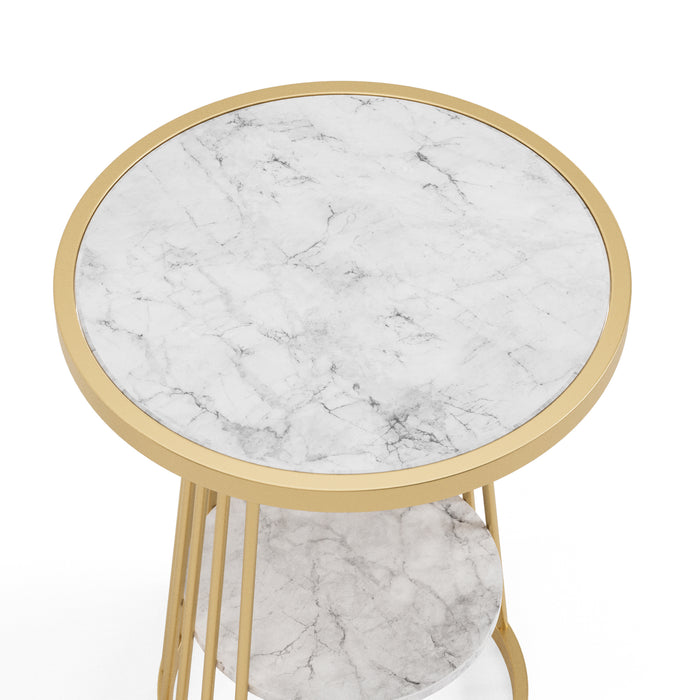 Front facing top view of a contemporary white faux marble and gold one-shelf round side table on a white background