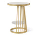 Front facing contemporary white faux marble and gold one-shelf round side table on a white background