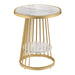Front facing contemporary white faux marble and gold one-shelf round side table on a white background