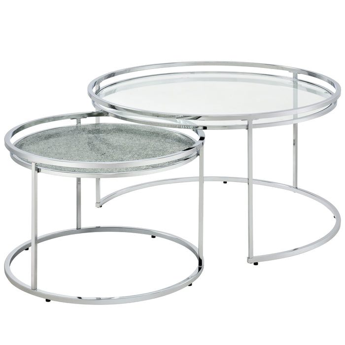 Right angled glam chrome and clear glass two-piece nesting tables on a white background