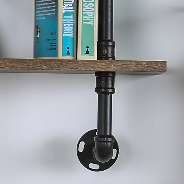 Right angled close up industrial natural and sand black wall shelf support detail on a wall with accessories