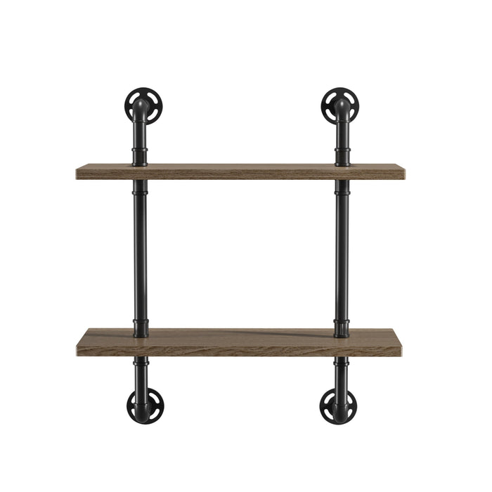 Front-facing industrial natural and sand black wall shelf on a white background