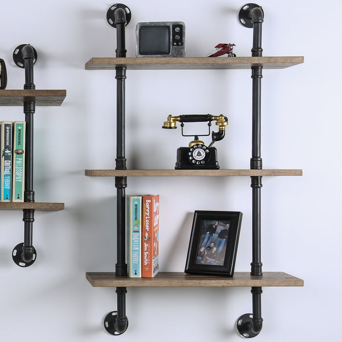 Right angled industrial natural and sand black wall shelf on a wall with accessories