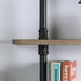 Right angled close up industrial natural and sand black wall shelf support detail on a wall with accessories