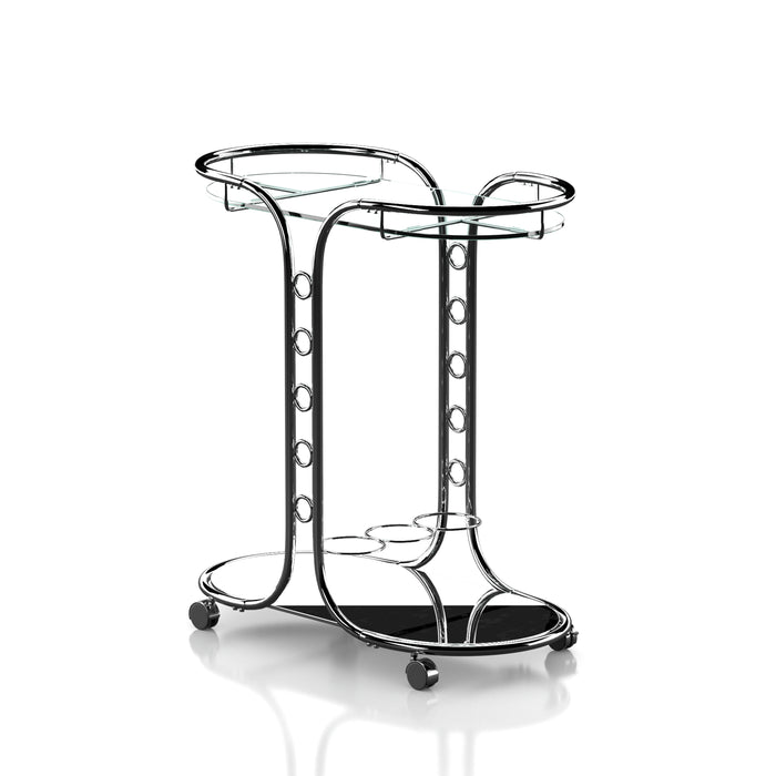 Left-angled oval chrome serving cart against a white background. It has a glass top shelf and a mirrored lower shelf with three rings for holding bottles. The two narrowed legs are designed with five decorative rings that line up vertically. 