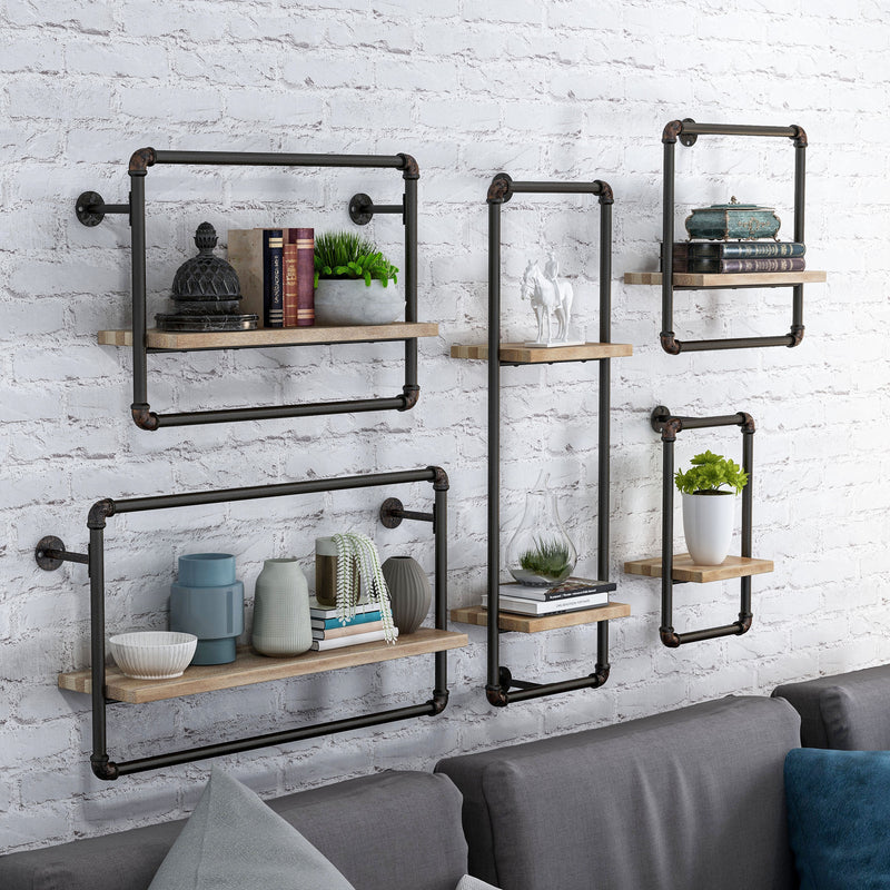 Bate Urban Sand Black Pipe Metal and Natural Tone Floating Wall Shelf