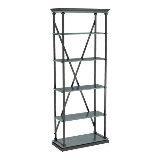 Right angled industrial antique blue and black five-shelf bookcase on a white background