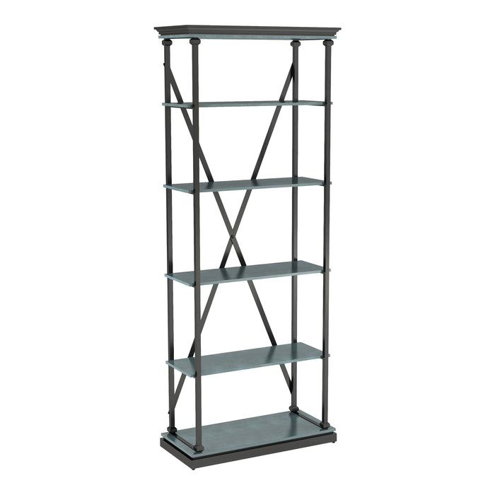 Right angled industrial antique blue and black five-shelf bookcase on a white background