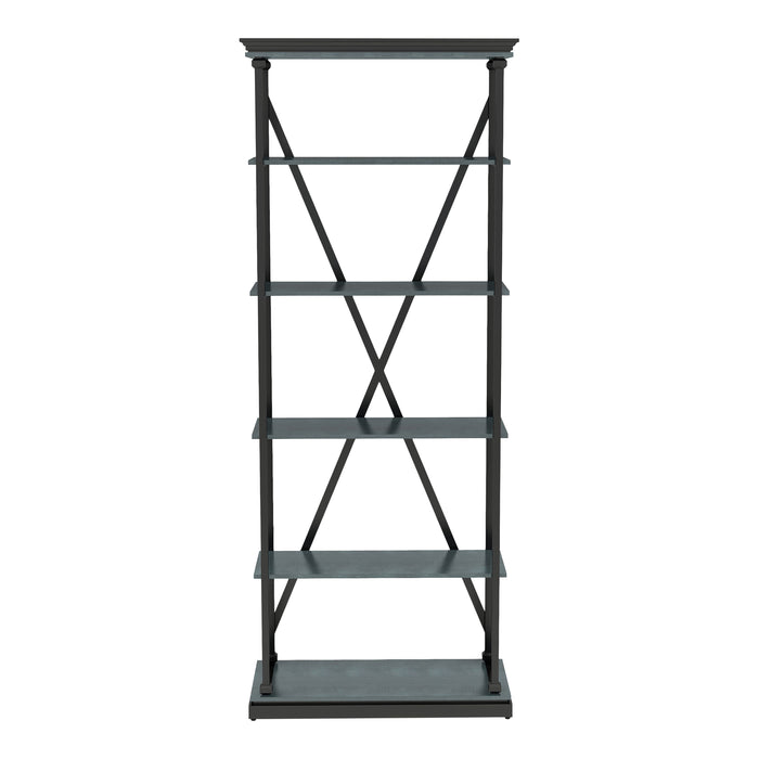 Front-facing industrial antique blue and black five-shelf bookcase on a white background