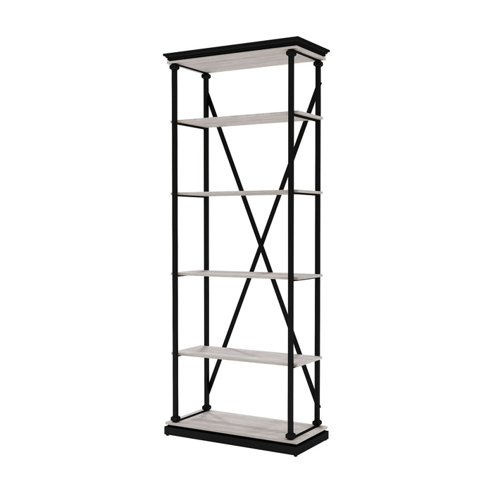 Left angled industrial antique white and black five-shelf bookcase on a white background