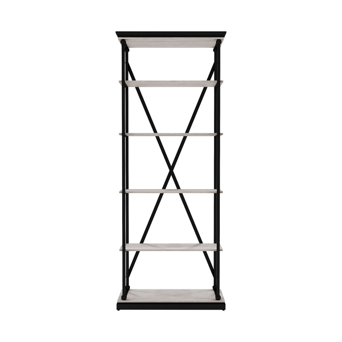 Front-facing industrial antique white and black five-shelf bookcase on a white background